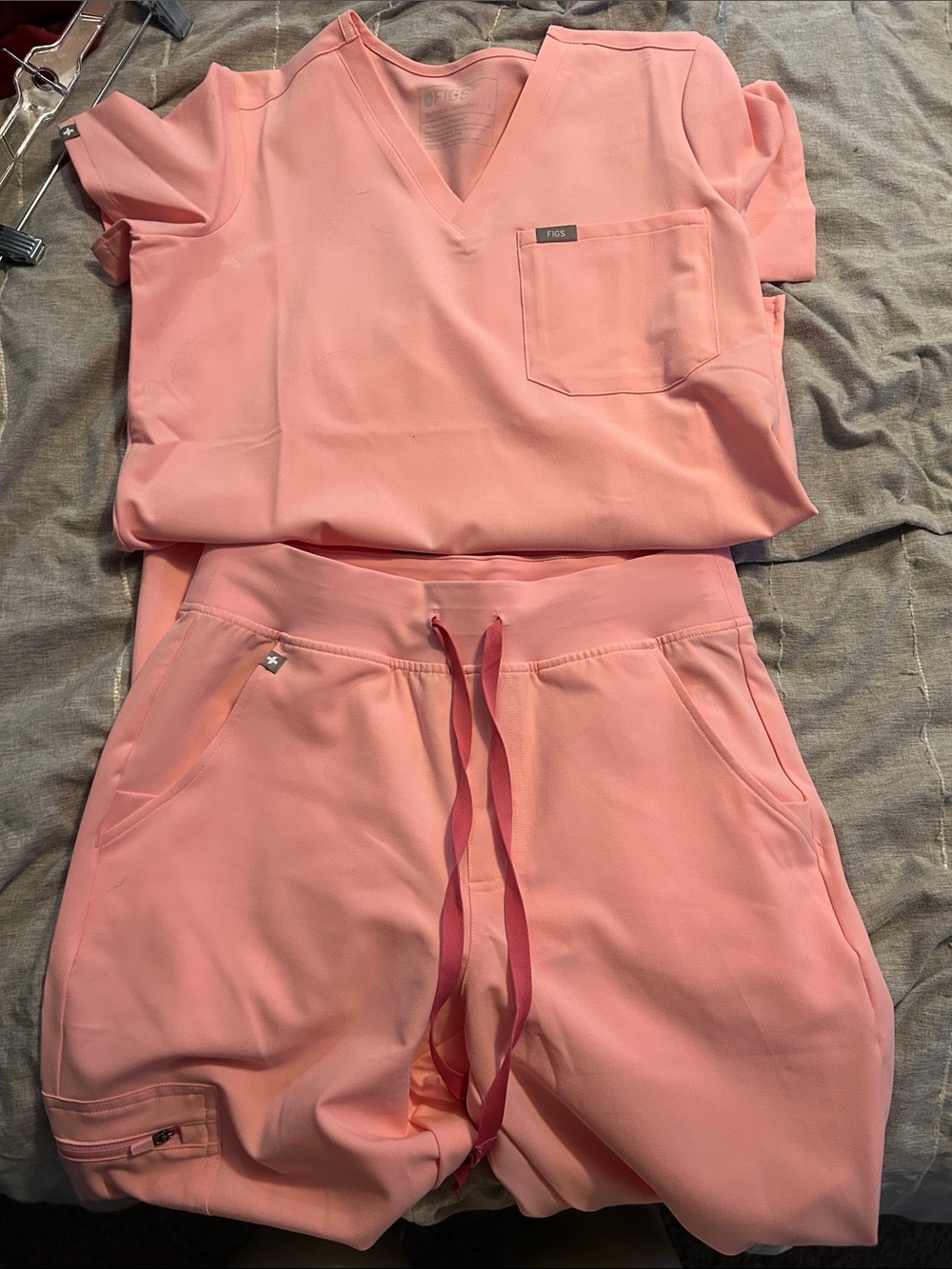 Figs Coral Pink Scrub Set - V-Neck Top & Drawstring Pants